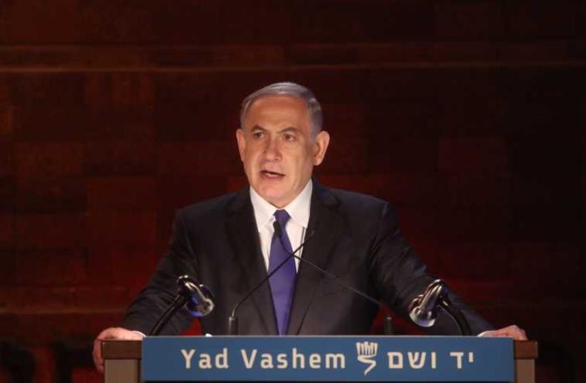 Prime Minister Benjamin Netanyahu speaks at Holocaust memorial ceremony (photo credit: MARC ISRAEL SELLEM/THE JERUSALEM POST)