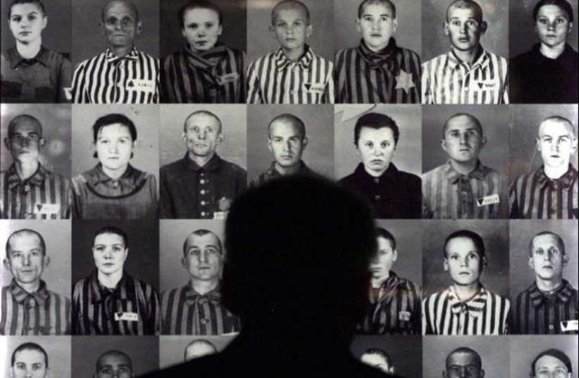 A man looks at photographs of Hungarian Jews held at the Auschwitz Concentration Camp during World War II (photo credit: REUTERS)