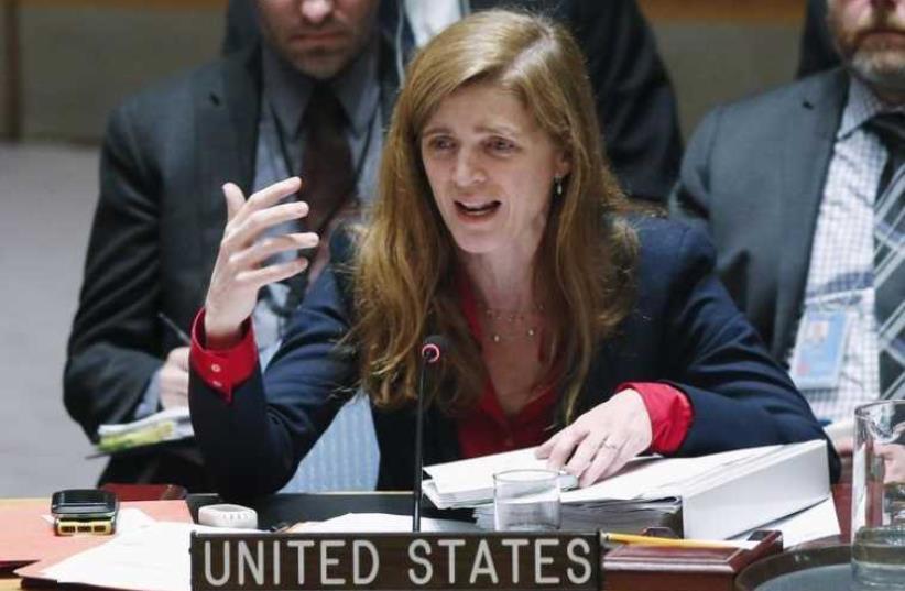 US ambassador to the UN Samantha Power speaks to members of the Security Council during a meeting about the Ukraine situation (photo credit: REUTERS)
