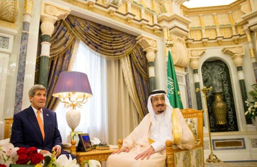 US Secretary of State John Kerry meets with Saudi King Salman at the Royal Court, Thursday, May 7, in Riyadh (photo credit: REUTERS)