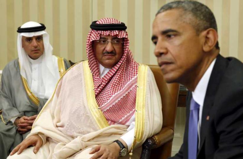US President Barack Obama meets with Saudi Crown Prince Mohammed bin Nayef  in the Oval Office of the White House in Washington May 13, 2015. (photo credit: REUTERS)