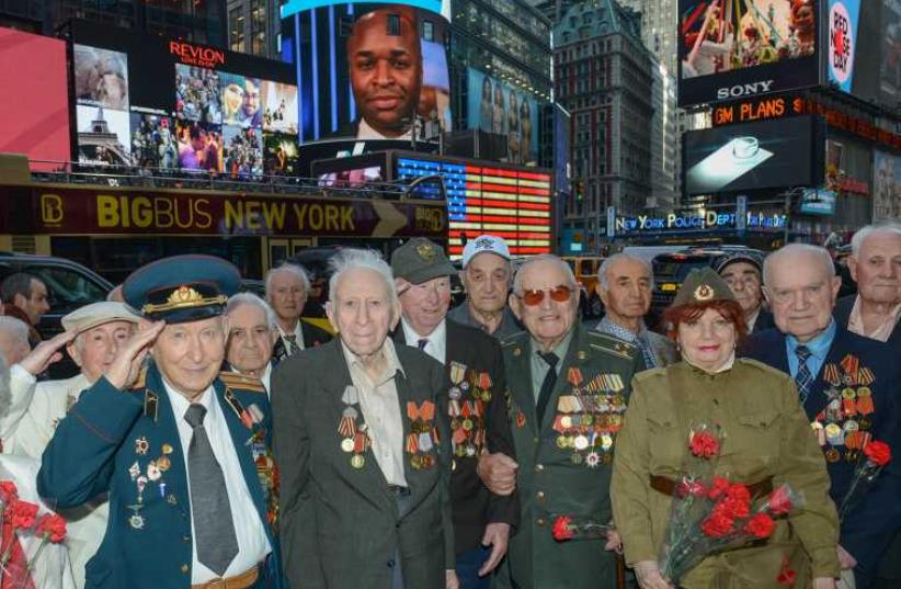 Jewish WWII veterans of the Soviet Red Army celebrate Victory Day in New York’s Times Square. (photo credit: SHAHAR AZRAN)