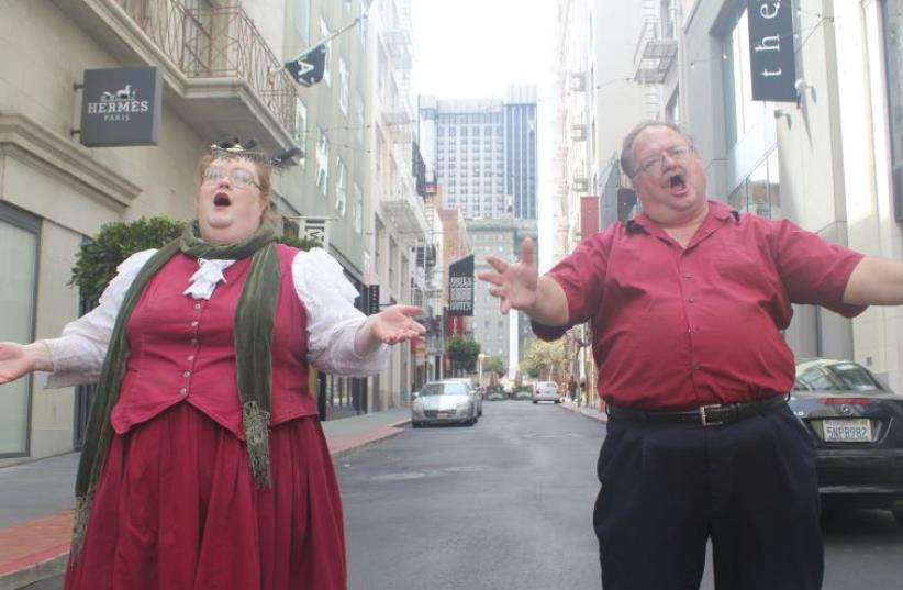 SOPRANO LITZ Plummer and tenor Robert Close perform on San Francisco’s Maiden Lane. (photo credit: GEORGE MEDOVOY)