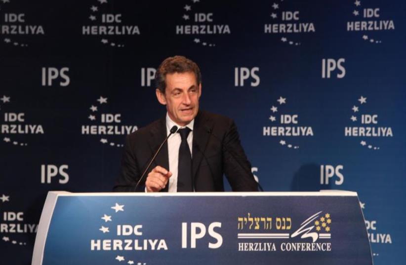 Former French president Nicolas Sarkozy speaks at the Interdisciplinary Center in Herzliya, June 8, 2051 (photo credit: EREZ HARODI - OSIM TZILUM)