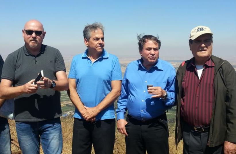 Solidarity rally attended by local Druse leaders and Jewish mayors and members of the Security Council to Israel. Right to Left: Col. (ret.) Gideon Abbas, Maj. Gen. (ret.) Uzi Dayan, Security Council for Israel President Giora Salz , municipal head for the upper Galilee region, Dimi Afrezef, municip (photo credit: Courtesy)