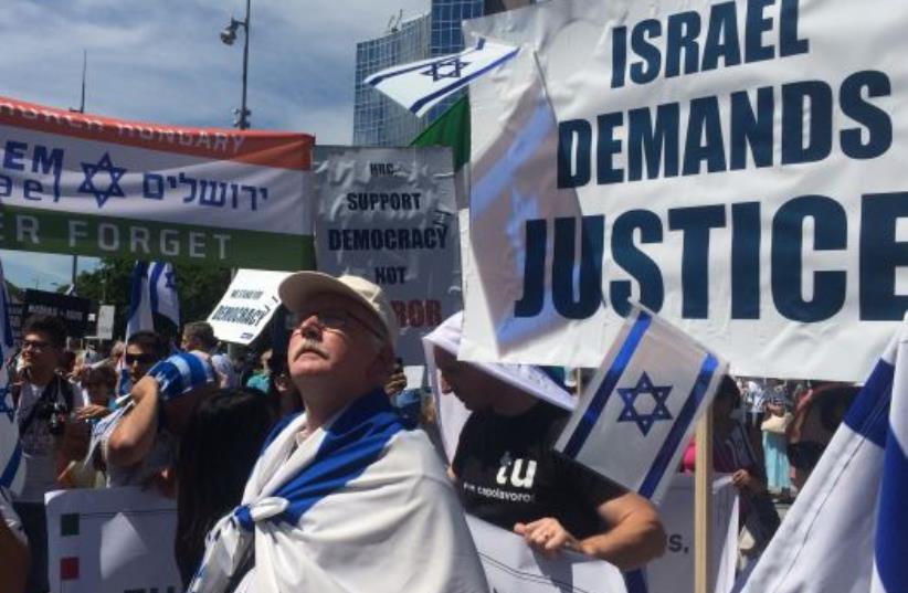 Pro Israel rally outside UNHRC in Geneva‏ (photo credit: SAM SOKOL)