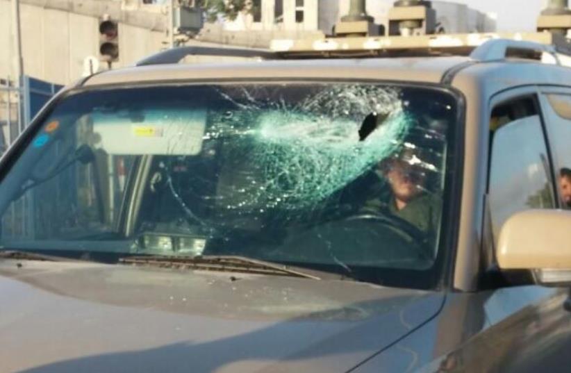 Smashed windshield of IDF vehicle (photo credit: IDF SPOKESMAN’S UNIT)