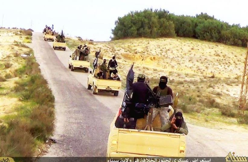 Islamic State-affiliated Sinai Province fighters in the Sinai Peninsula (photo credit: WIKIMEDIA COMMONS/ARAB MEDIA)