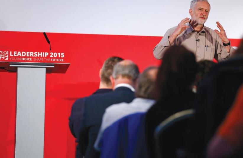 CANDIDATE JEREMY Corbyn speaks during a Labour Party leadership hustings event in Stevenage, Britain on June 20. (photo credit: REUTERS)