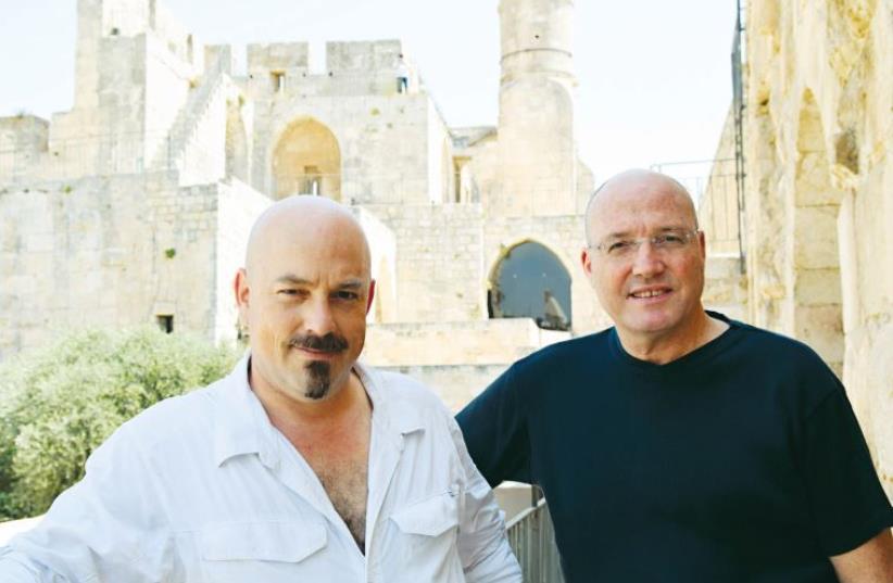 Haim Parnas and Ezri Taraza outside their exhibit at the Tower of David museum in Jerusalem. (photo credit: HAMUTAL WACHTAL)