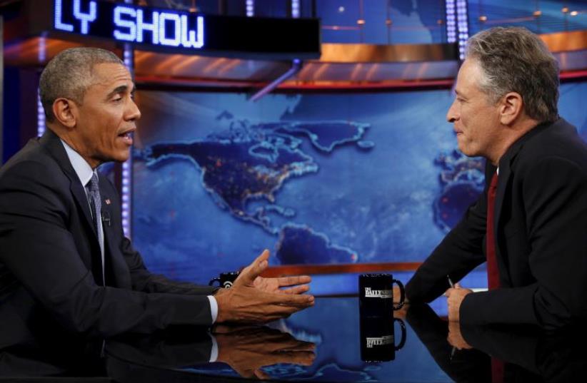 US President Barack Obama makes an appearance on The Daily Show with Jon Stewart in New York July 21, 2015.  (photo credit: MARC ISRAEL SELLEM/THE JERUSALEM POST)