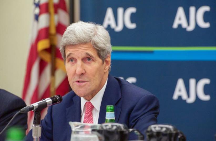 US Secretary of State John Kerry speaks with leaders of the American Jewish Committee (photo credit: STATE DEPARTMENT)