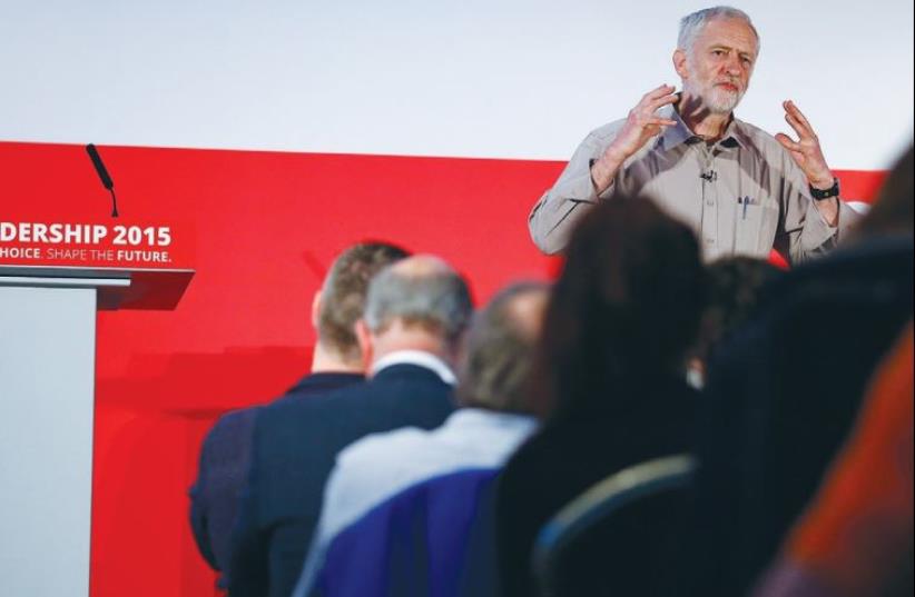 CANDIDATE JEREMY CORBYN speaks during a Labor Party leadership event in Stevenage, England (photo credit: REUTERS)