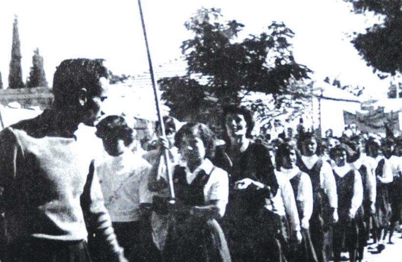 Hind Husseini marches with her schoolgirls in Jerusalem, in this undated photo. (photo credit: Wikimedia Commons)