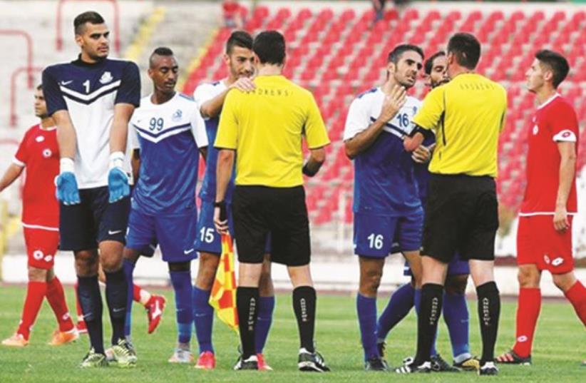 Ashdod SC players (in blue) were unhappy with the officiating staff even before matters got completely out of hand in Monday’s pre-season match against CSKA Sofia in Bulgaria (photo credit: CSKA SOFIA WEBSITE)
