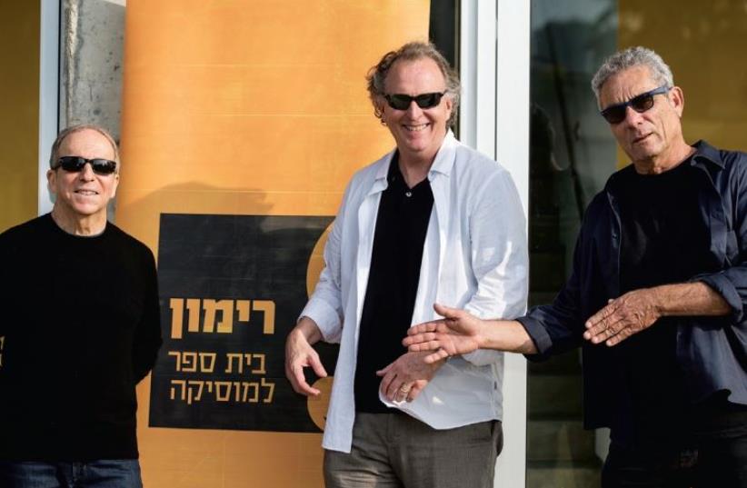 (Right to left): Eder, Berklee College of Music president Roger Brown and Kaveret founding member Danny Sanderson at the Rimon school in Ramat Hasharon (photo credit: RAMI ZERINGER)