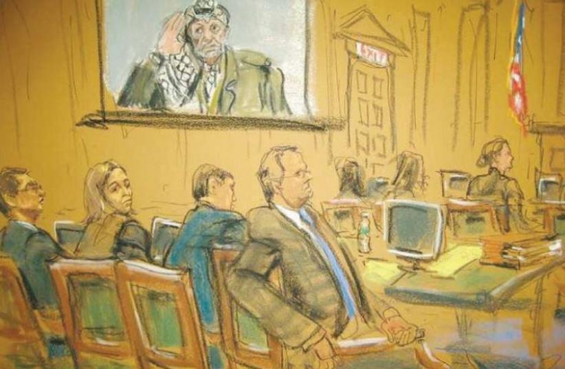 AN ARTIST’S rendition of the Arab Bank trial in New York earlier this year. (photo credit: REUTERS)