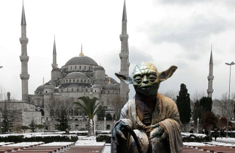 Yoda next to the Blue Mosque in Istanbul (photo credit: REUTERS,JPOST STAFF)