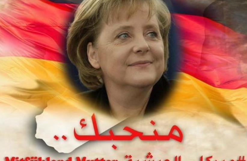 The image reads, 'Vote Merkel for president of Free Syria' (photo credit: TWITTER)