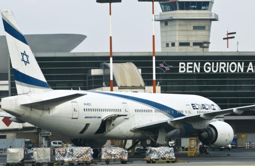 An El Al Boeing 777 aircraft is seen at Tel Aviv’s Ben Gurion International Airport (photo credit: NIR ELIAS/REUTERS/IDF SPOKESMAN)