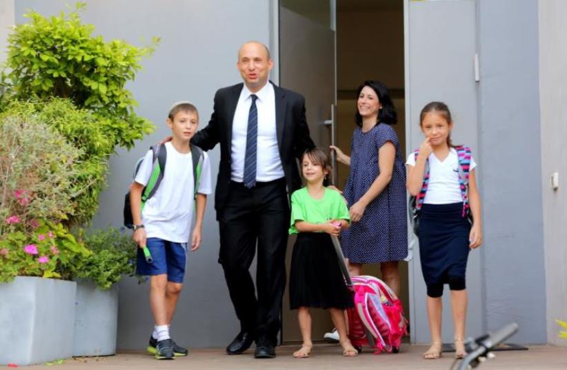 Education Minister Naftali Bennett with his family on the first day of school, September 1, 2015 (photo credit: COURTESY EDUCATION MINISTRY)