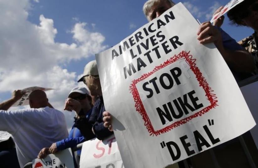 Activists gather at a Capitol Hill rally against the Iran nuclear deal in Washington September 9, 2015 (photo credit: REUTERS)