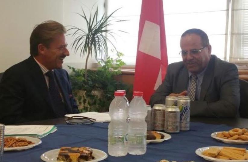 Switzerland’s ambassador to Israel Andreas Baum (Left) and Likud Deputy Minister Ayoub Kara, September 16, 2015 (photo credit: Courtesy)