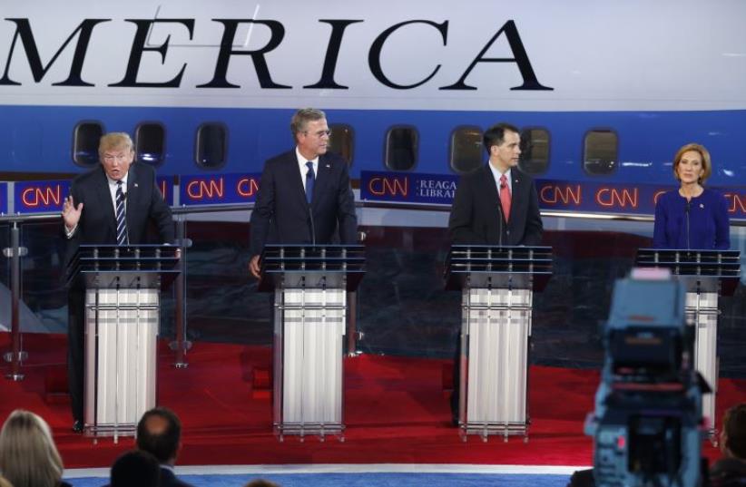 Various Republican US presidential candidates during the second official Republican presidential candidates debate of the 2016 campaign in Simi Valley, California (photo credit: REUTERS)