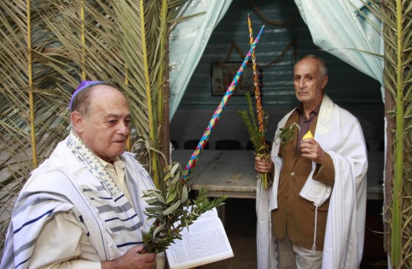 Moroccan Jews hold willows as they celebrate the festival of Succot in a synagogue in the old city of the capital Rabat (photo credit: REUTERS)