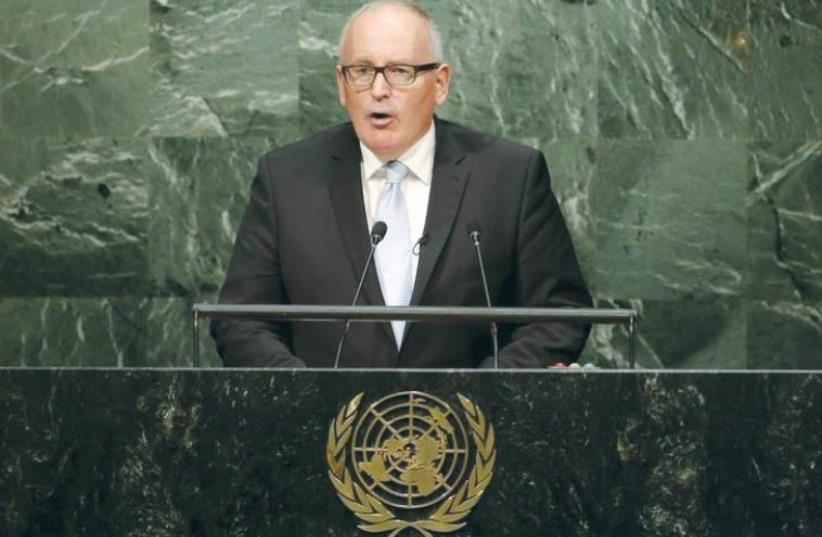 FRANS TIMMERMANS, first vice president of the European Commission, addresses the UN Sustainable Development Conference 2015 in New York last Sunday. (photo credit: REUTERS)