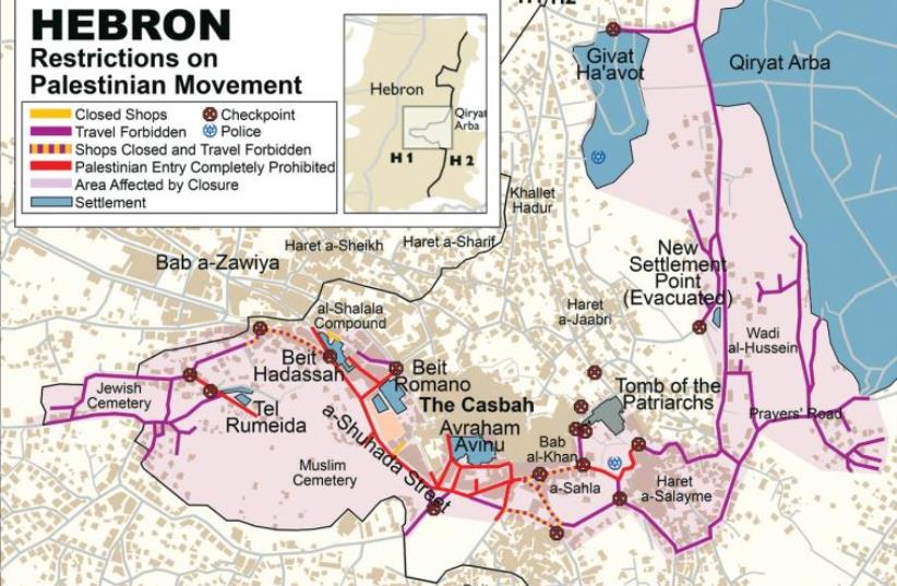A map of the Israeli and Palestinian sections of Hebron (photo credit: B'TSELEM)