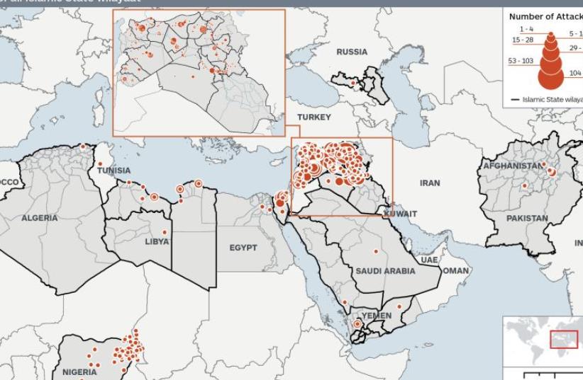 Map charting ISIS attacks (photo credit: IHS JANE’S TERRORISM AND INSURGENCY CENTRE (JTIC))
