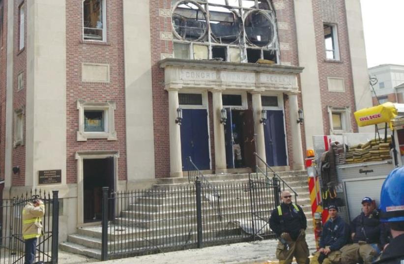 CONGREGATION POILE TZEDEK in New Brunswick, New Jersey, yesterday, after the blaze. (photo credit: STEPHANIE GRANOT)