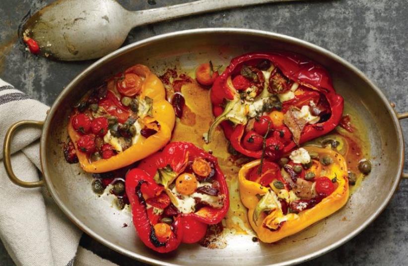 Roasted red peppers with anchovies, tomatoes, goat cheese, olives and capers (photo credit: PENNY DE LOS SANTOS)