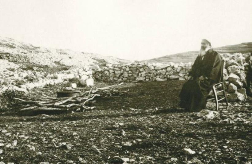 View of the Samaritan Place of Sacrifice on Mount Gerizim shortly before Passover 1866 – with Samaritan high priest Amran (right) and Yakub esh- Shellaby, head of the Samaritan community (photo credit: H. PHILLIPS)