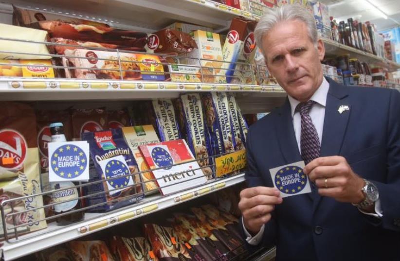 MK Michael Oren with Made in Europe sticker (photo credit: MARC ISRAEL SELLEM)