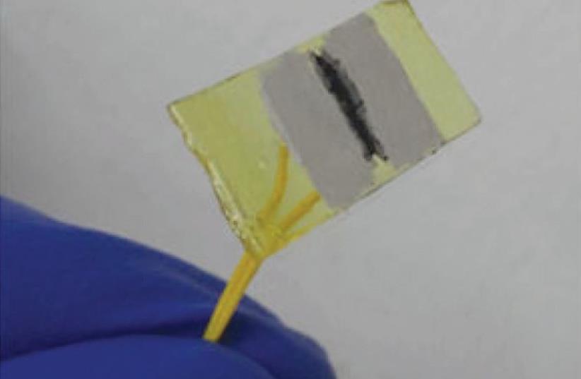 A TECHNION RESEARCHER shows off a new kind of synthetic ‘self-healing’ sensor that mimics the ability of human skin to repair itself. ( (photo credit: Courtesy)