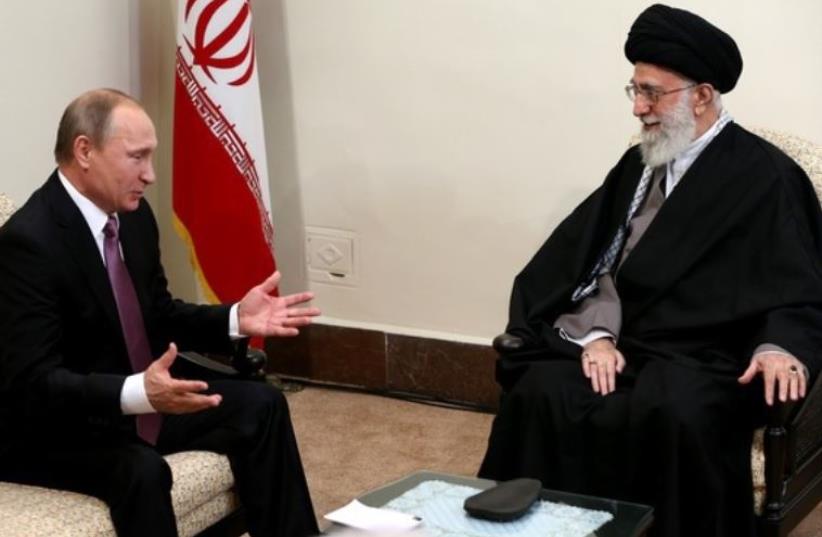 Russian President Vladimir Putin meets with Iranian Supreme Leader Ayatollah Ali Khamenei in Tehran‏ (photo credit: IRANIAN MEDIA)