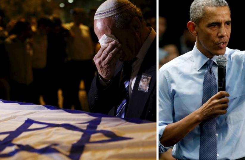 A man (L) weeps over the coffin of Ezra Schwartz; President Barack Obama during an appearance in Malaysia (photo credit: REUTERS)