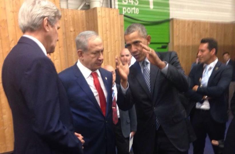 Netanyahu Obama and Kerry at the world climate change conference 2015 (photo credit: GPO)