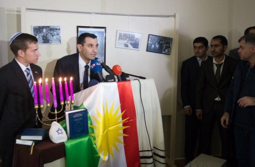 KRG Director of Jewish Affairs Sherzad Omer Mamsani addresses those gathered to commemorate 70 years since the Jewish expulsion from the Kurdish Region and Iraq. (photo credit: Courtesy)