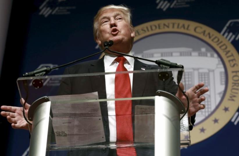 Republican presidential candidate Donald Trump speaking at Republican Jewish Conference- Dec. 2, 2015 (photo credit: REUTERS)