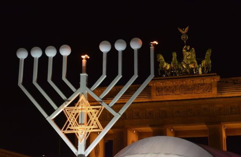 The Hanukka menorah at Brandenburg Gate in Berlin (photo credit: Courtesy)