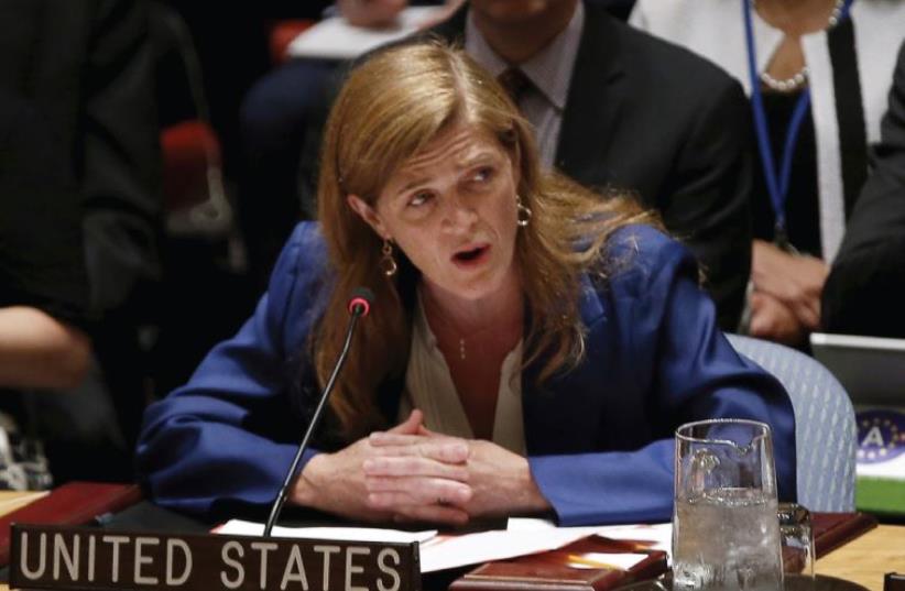 US ambassador to the United Nations Samantha Power speaks at the UN headquarters in New York on July 20 (photo credit: REUTERS)