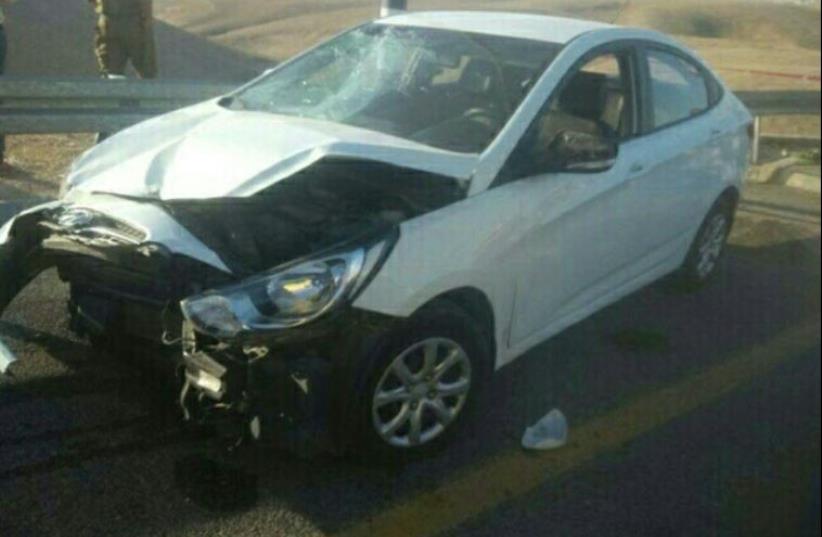 Car from vehicular ramming attack in West Bank, December 26, 2015 (photo credit: PALESTINIAN SOCIAL MEDIA)
