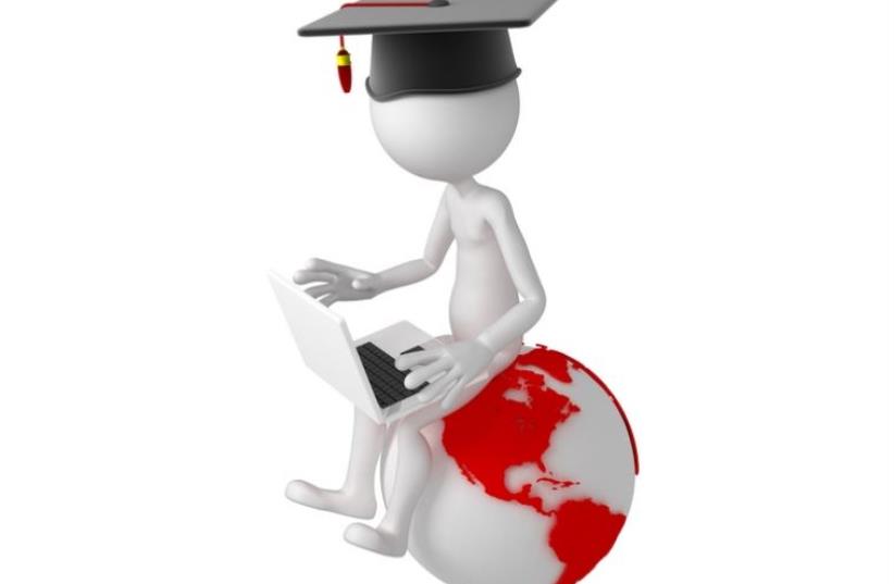 Student with laptop sitting on top of the earth globe (photo credit: INGIMAGE)