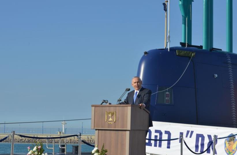 Netanyahu at the INS Rahav submarine arrival ceremony (photo credit: KOBI GIDEON/GPO)
