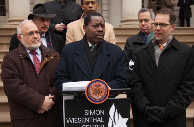 Rabbi Abraham Cooper, Assembly Member David I. Weprin, speaking at the podium Council Member Mathieu Eugene, behind him Assembly Member Walter Mosely, Mark Weitzman, Council Member Mark Levine (photo credit: SIMON WIESENTHAL CENTRE)