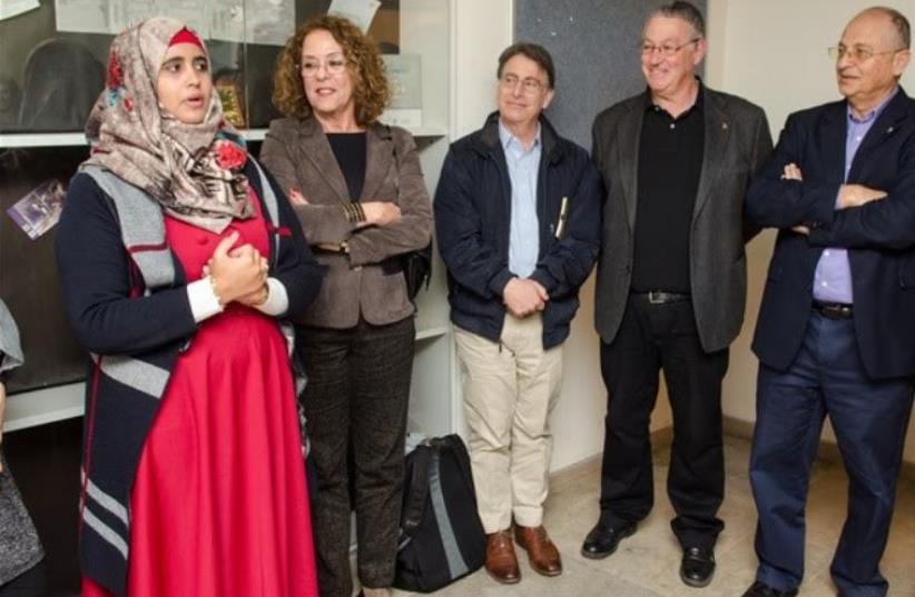 BGU Administration with Josh Arnow (third from left) and Eman Abu Aiada, a representative of the Bedouin students, during the dedication (photo credit: SHAKED BEN-SADEH/BGU)