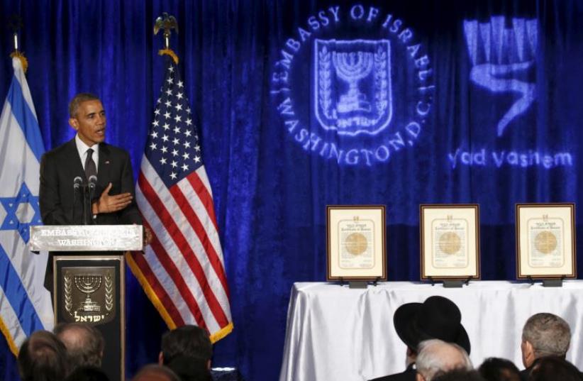 US President Barack Obama speaks at the Righteous Among the Nations Award Ceremony, organised for the first time in the US by Yad Vashem, at the Embassy of Israel in Washington January 27, 2016 (photo credit: REUTERS)